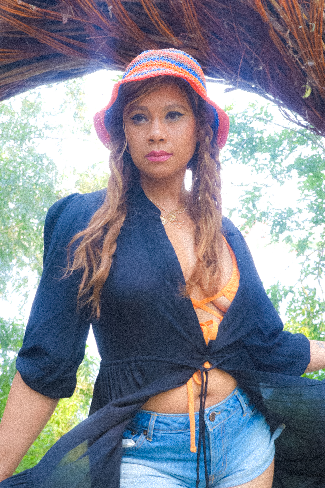 Knit hat- Retro beach look- Denim shorts- The Tropical Diva
